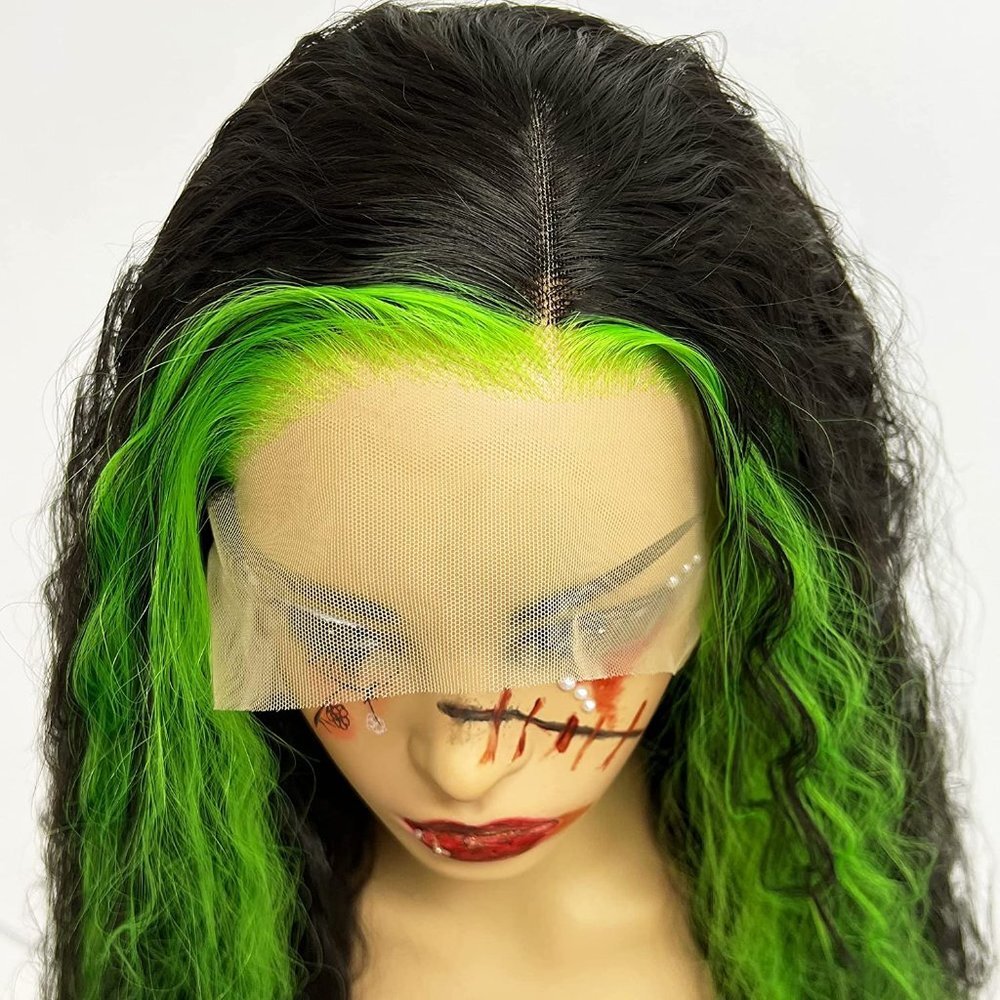 Black With Green Highlight Lace Wig - Picture 2 of 3